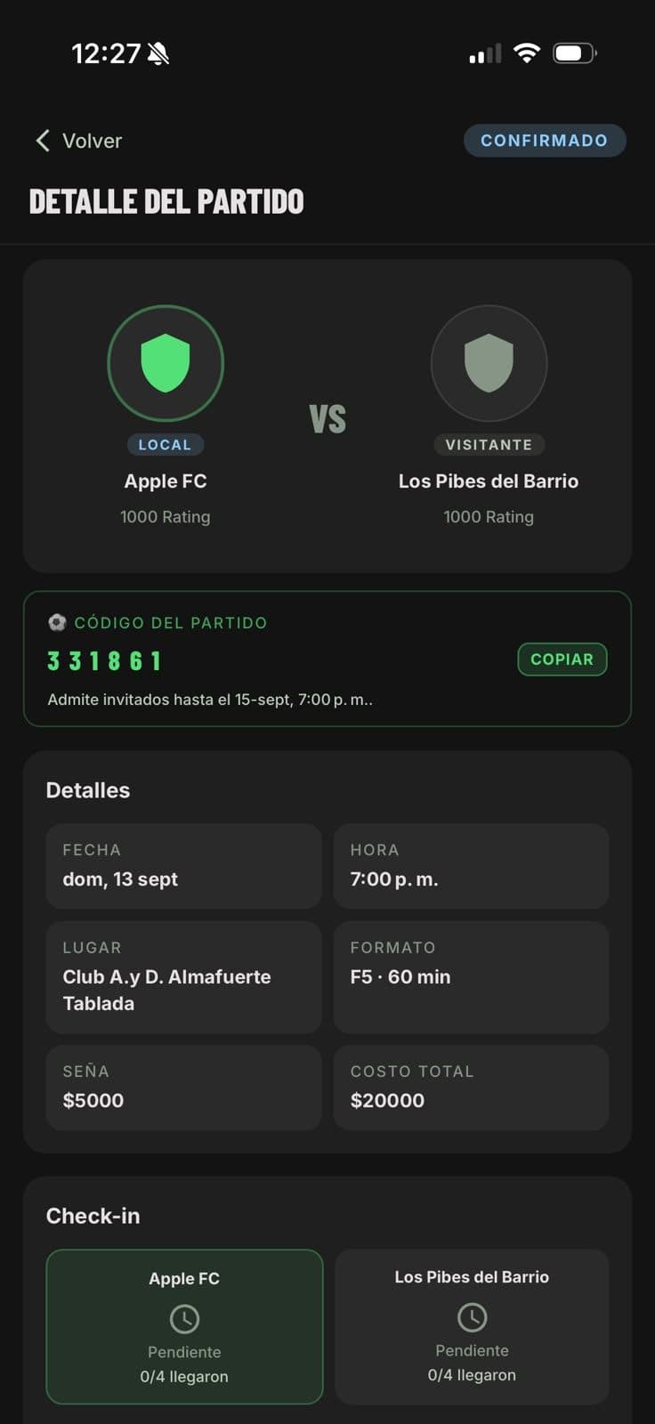 Detalle de un partido en torneAR con código de invitados, cancha, horario y check-in